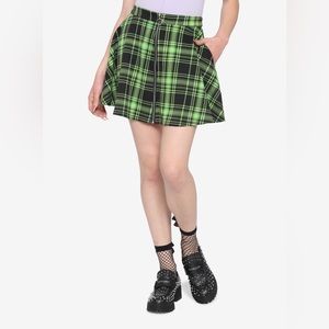 Hot Topic Black & Neon Green Plaid O-Ring Skater Skirt Large